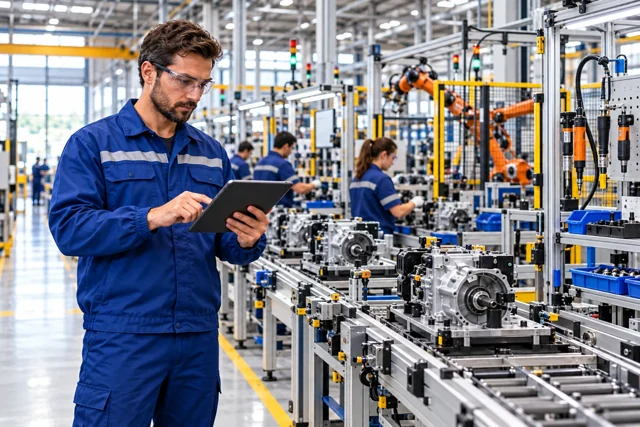Profissional com tablet em uma linha de produção
